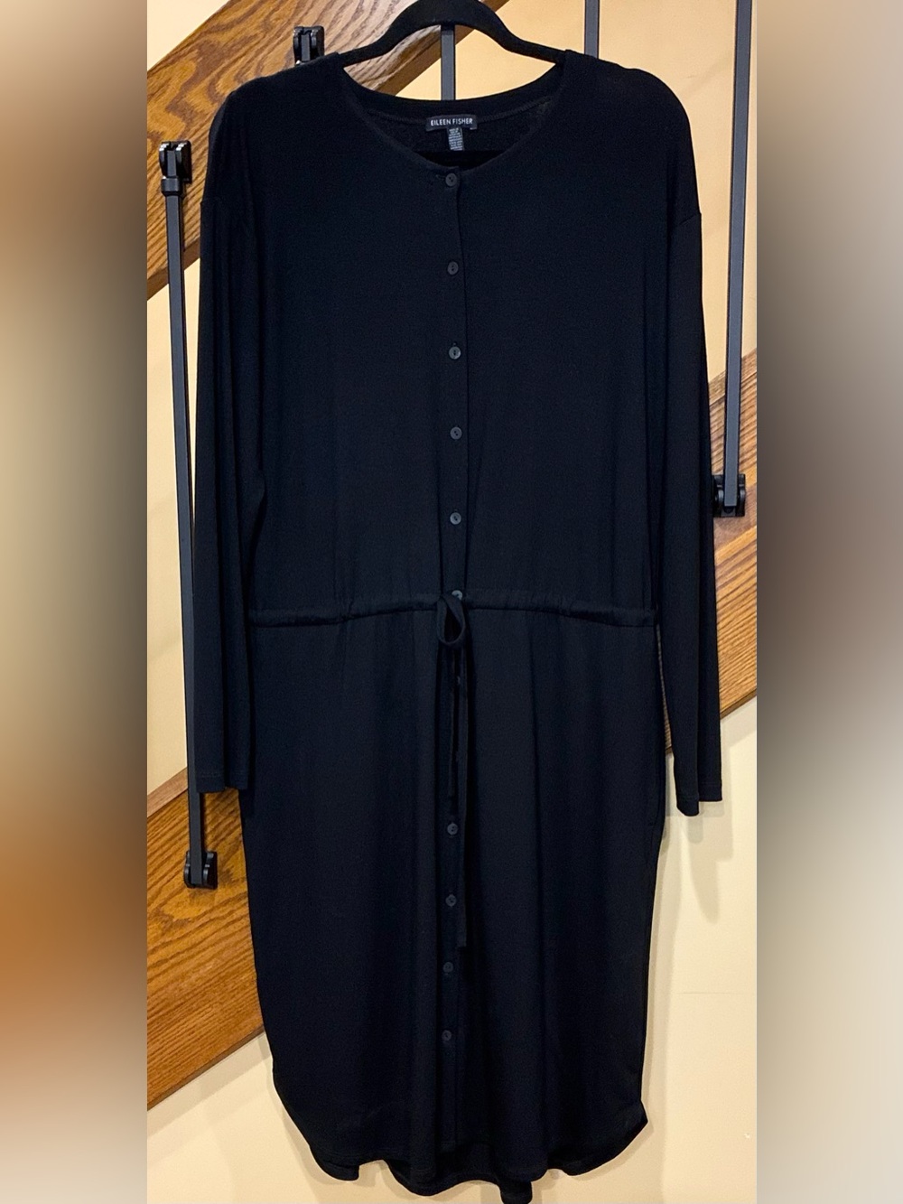 Eileen Fisher Dress Jersey- knit Button Front Drawstring Waist Black SZ. PS